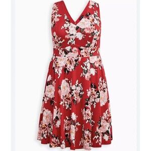 NWT TORRID Sz 16 Contouring Fit & Flare Red Boho Floral Dress New $129 w Pockets
